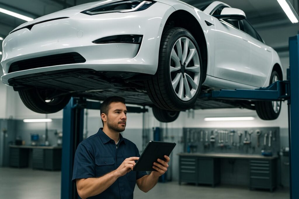 Meccanico specializzato ispeziona il pacco batterie e le sospensioni di una Mercedes EQE su ponte elevatore in officina italiana