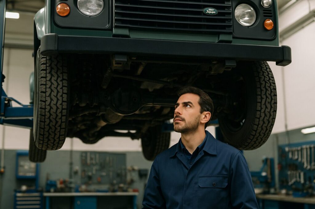 Meccanico italiano ispeziona il telaio di un Land Rover Defender usato in officina