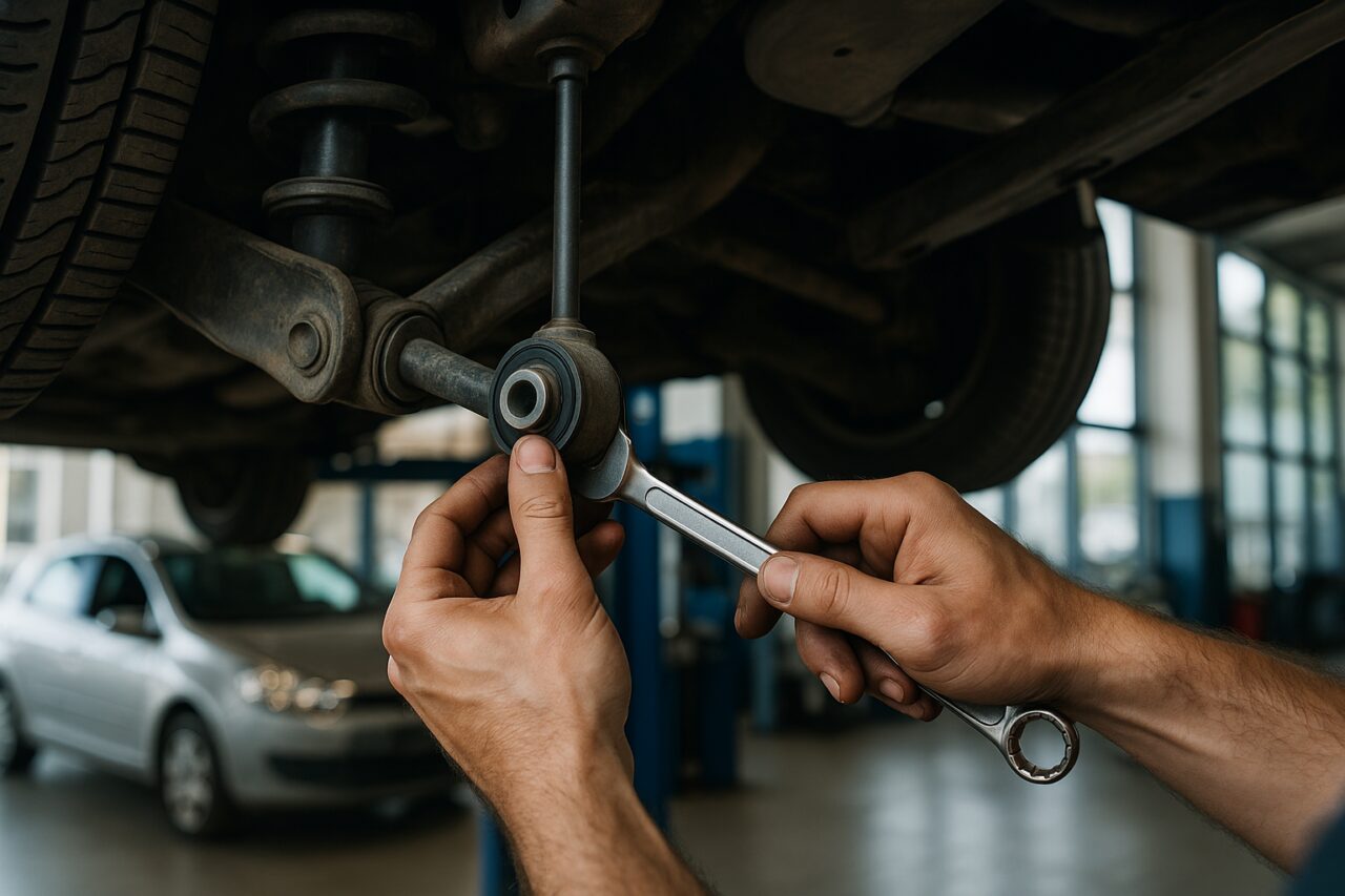 Meccanico professionista ispeziona le sospensioni di un'auto usata in officina italiana, controllando i silentblock e i componenti della sospensione con attrezzi specializzati