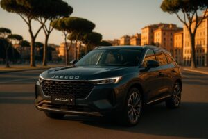 JAECOO 7 SUV in noleggio a lungo termine parcheggiato in una strada italiana con architettura storica sullo sfondo