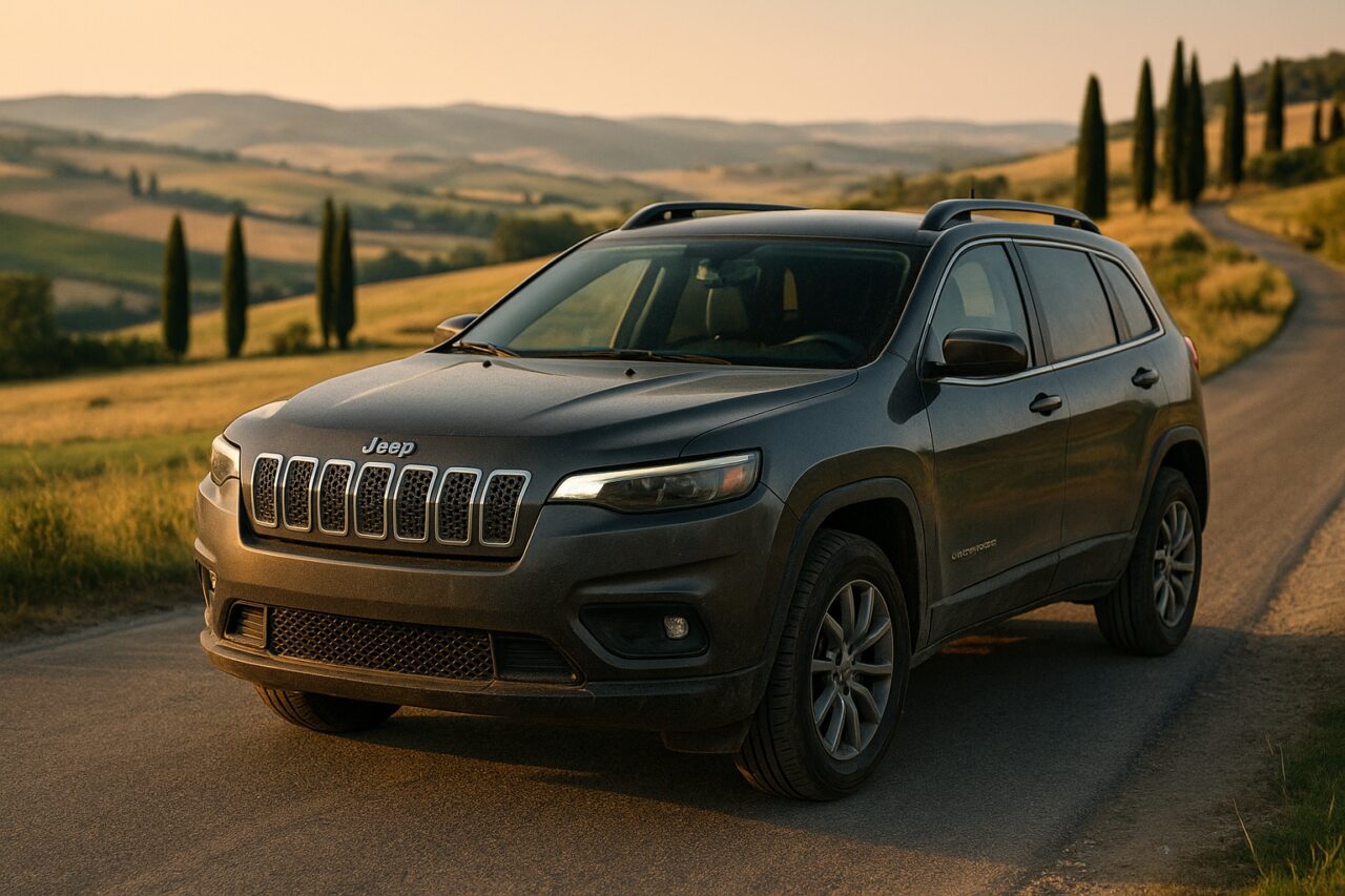 Jeep Cherokee KL usato in noleggio a lungo termine su strada italiana con paesaggio toscano