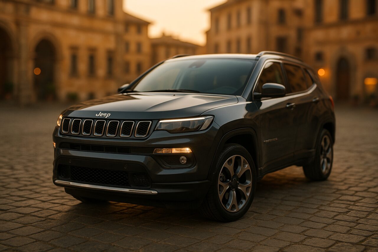 Jeep Compass usato parcheggiato in una piazza italiana, noleggio a lungo termine SUV compatto