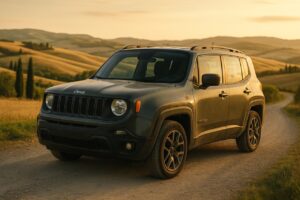 Jeep Renegade usato in noleggio a lungo termine su strada italiana con paesaggio toscano sullo sfondo