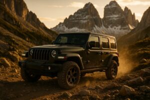 Jeep Wrangler usato in noleggio a lungo termine su percorso off-road nelle Dolomiti italiane