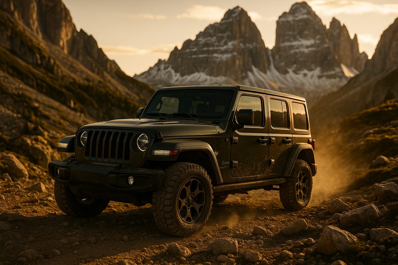 Jeep Wrangler usato in noleggio a lungo termine su percorso off-road nelle Dolomiti italiane
