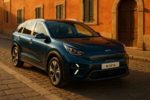 KIA e-Niro elettrica usata in noleggio a lungo termine su strada italiana al tramonto