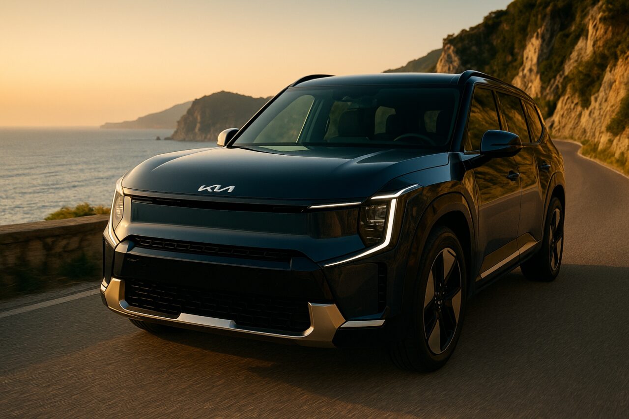 KIA EV9 SUV elettrico in noleggio a lungo termine su strada costiera italiana