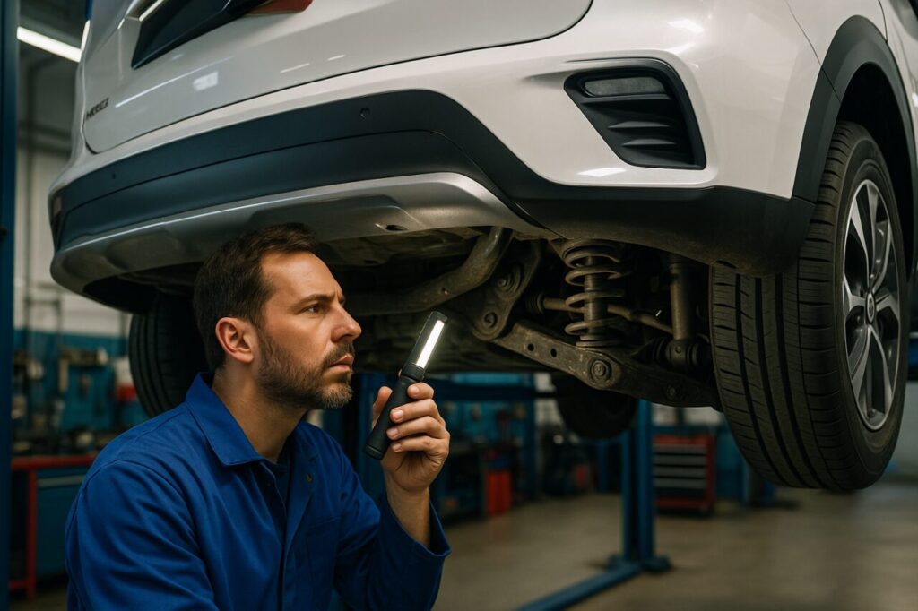 Meccanico specializzato controlla le sospensioni di un KIA Niro ibrido usato in officina italiana