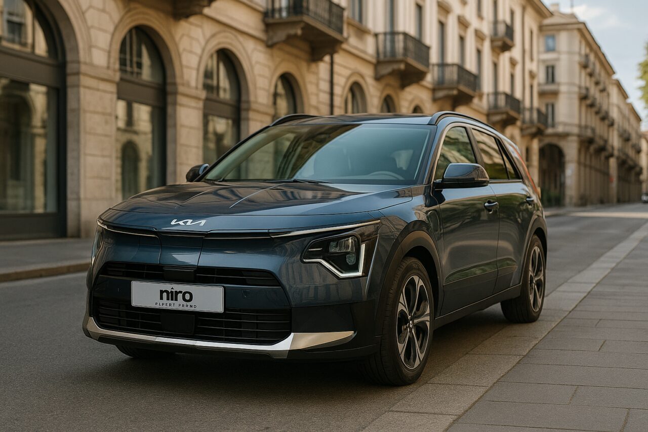 KIA Niro Plug-in Hybrid parcheggiata in una strada italiana, noleggio a lungo termine auto ibrida plug-in usata