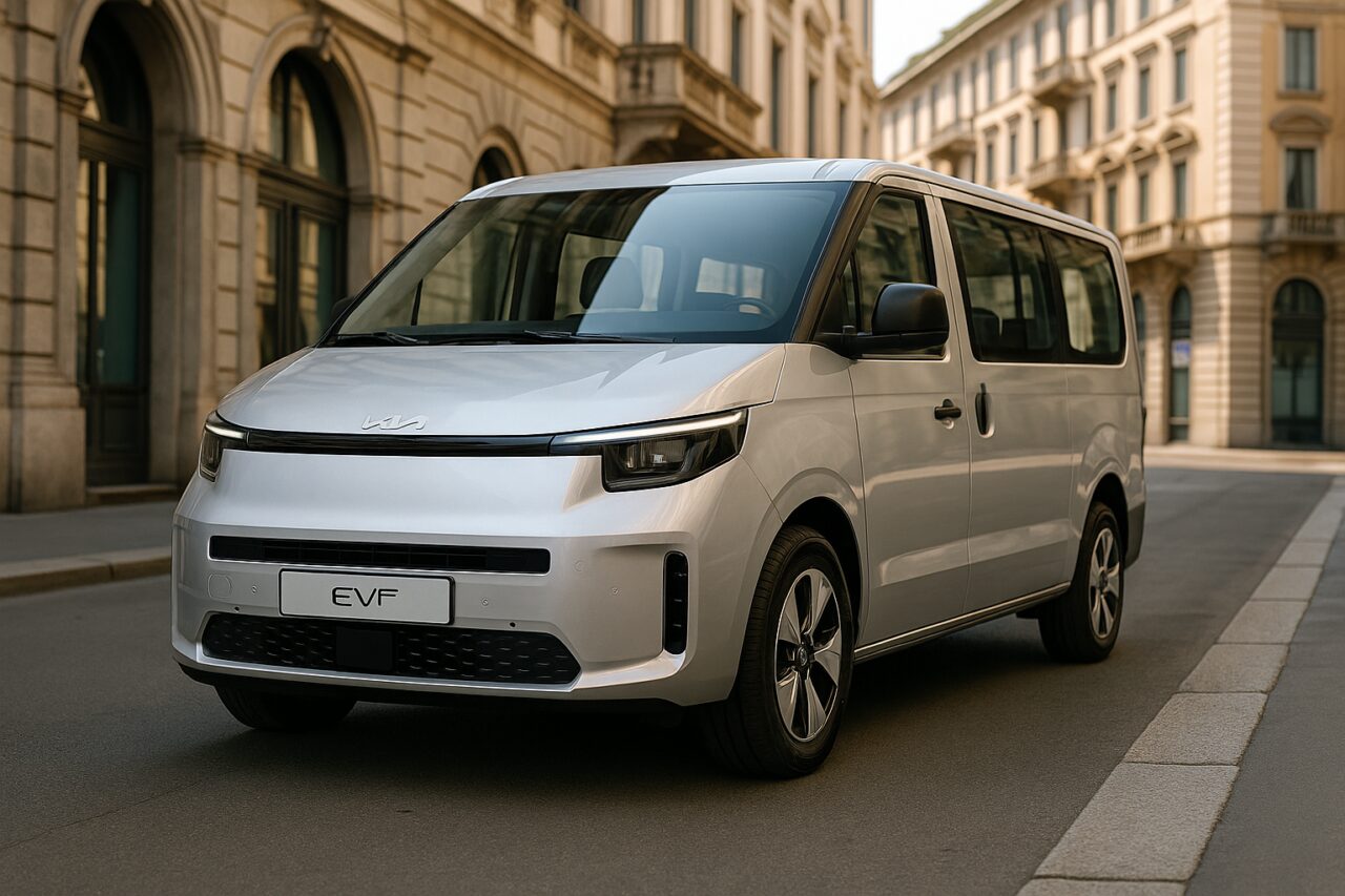 Kia PV5 Passenger in noleggio a lungo termine parcheggiato in una strada di Milano