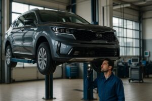 KIA Sorento sollevato su ponte elevatore in officina italiana per ispezione tecnica del sistema di trasmissione integrale e differenziale posteriore