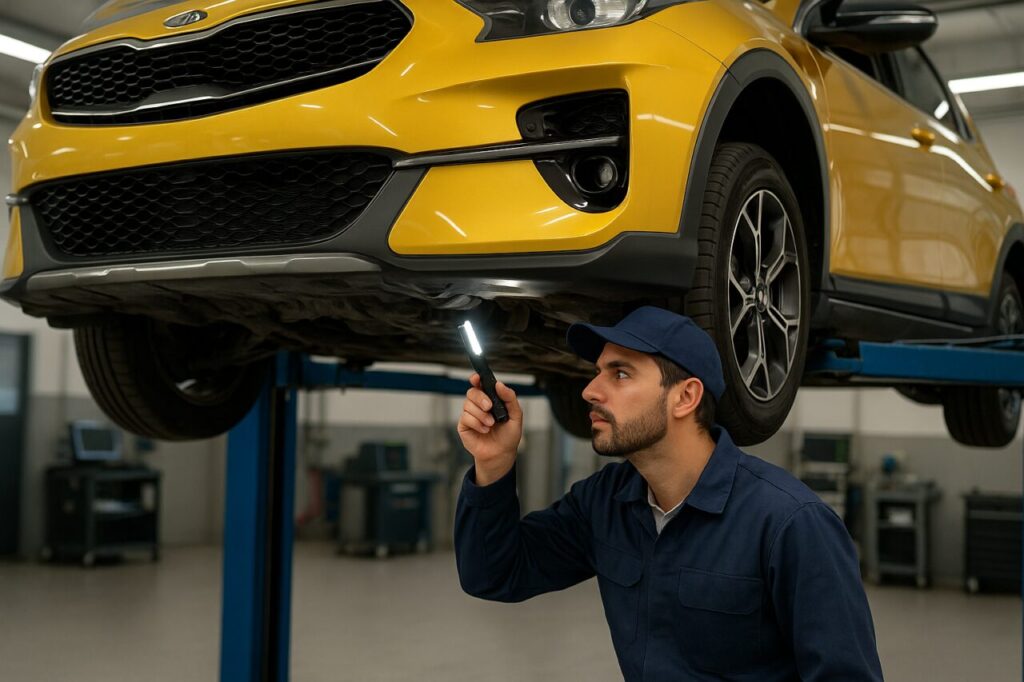 Meccanico italiano controlla le sospensioni e i silent block anteriori di un KIA XCeed usato in officina