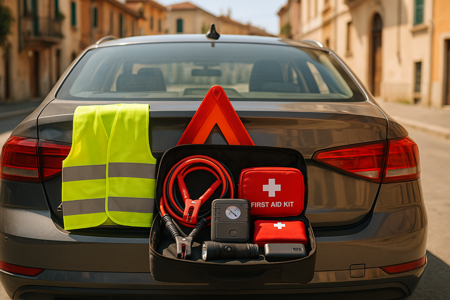 Kit di emergenza completo nel bagagliaio di un'auto usata in noleggio a lungo termine