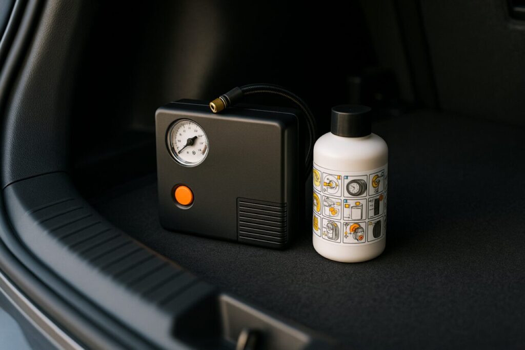 Kit di emergenza per foratura con compressore portatile e sigillante liquido nel bagagliaio di un'auto in NLT