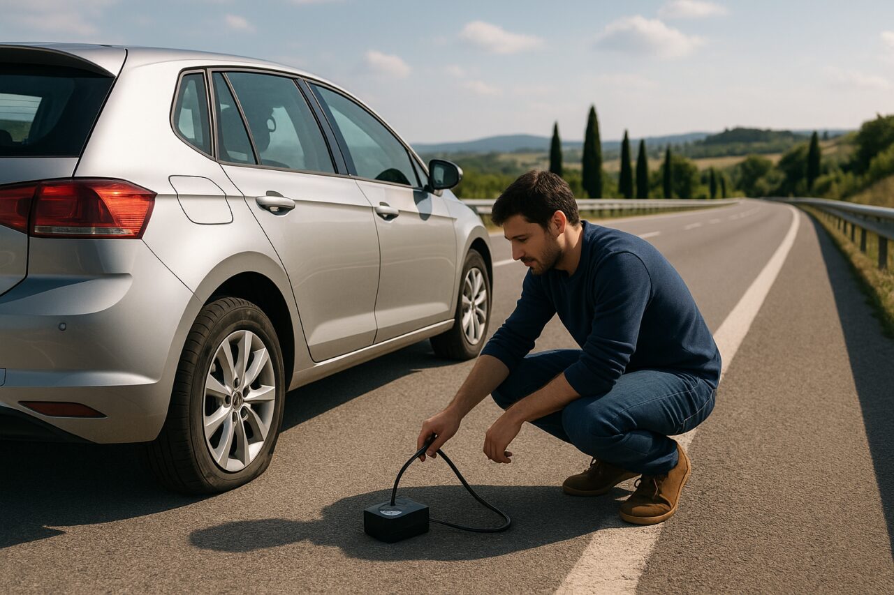 Uomo che utilizza un kit di riparazione per foratura su un'auto in noleggio a lungo termine in autostrada italiana