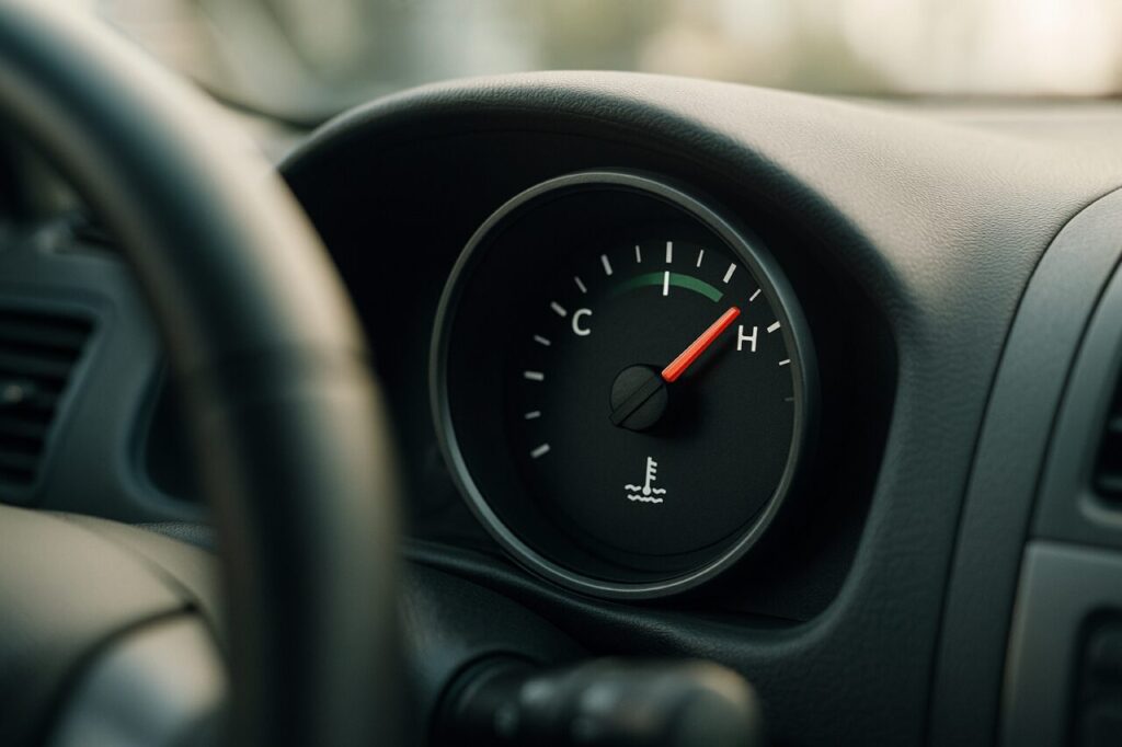 Lancetta della temperatura del motore nella zona verde durante il test di riscaldamento di un'auto usata
