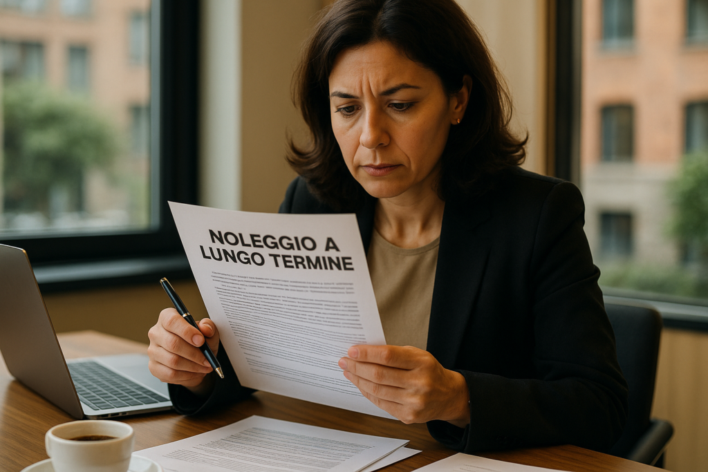 Donna italiana legge attentamente il contratto di noleggio a lungo termine prima di firmare