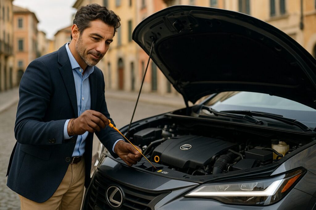 Proprietario controlla il livello dell'olio motore 0W-20 del Lexus LBX ibrido