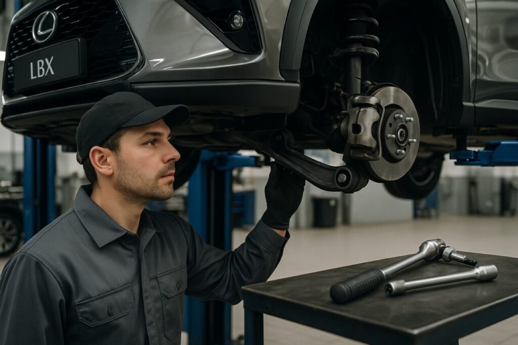 Meccanico italiano controlla i silent block dei braccetti anteriori di un Lexus LBX in officina