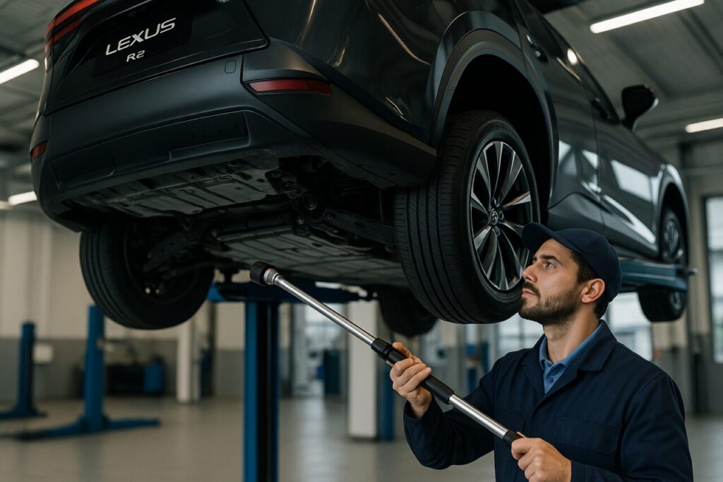 Meccanico italiano controlla i bulloni dei mozzi ruota di un Lexus RZ elettrico in officina autorizzata