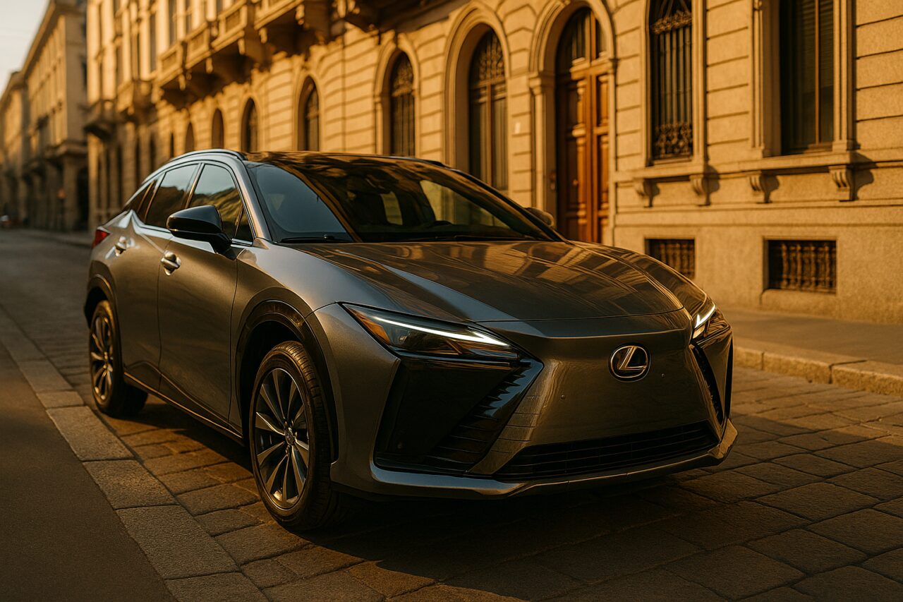 Lexus RZ SUV elettrico in noleggio a lungo termine su strada italiana a Milano