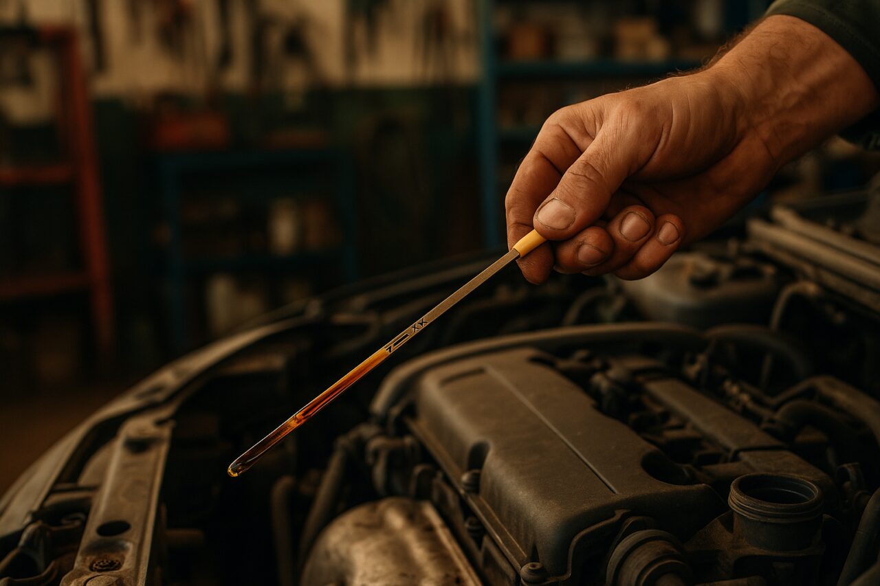 Controllo livello olio motore troppo alto su auto usata in officina italiana