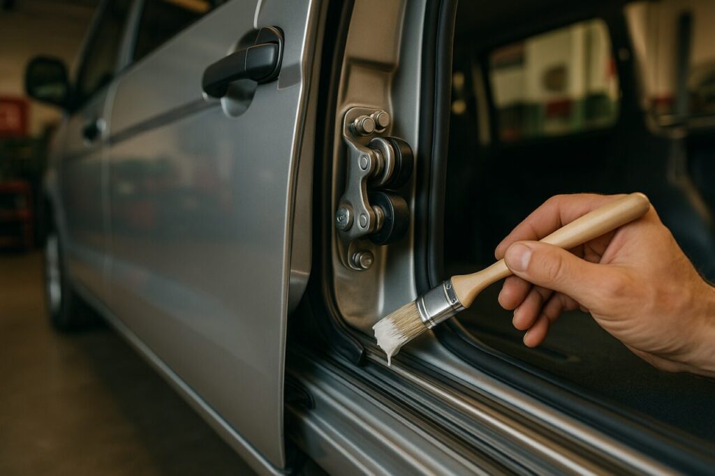 Lubrificazione delle guide delle porte scorrevoli di un van per la manutenzione preventiva