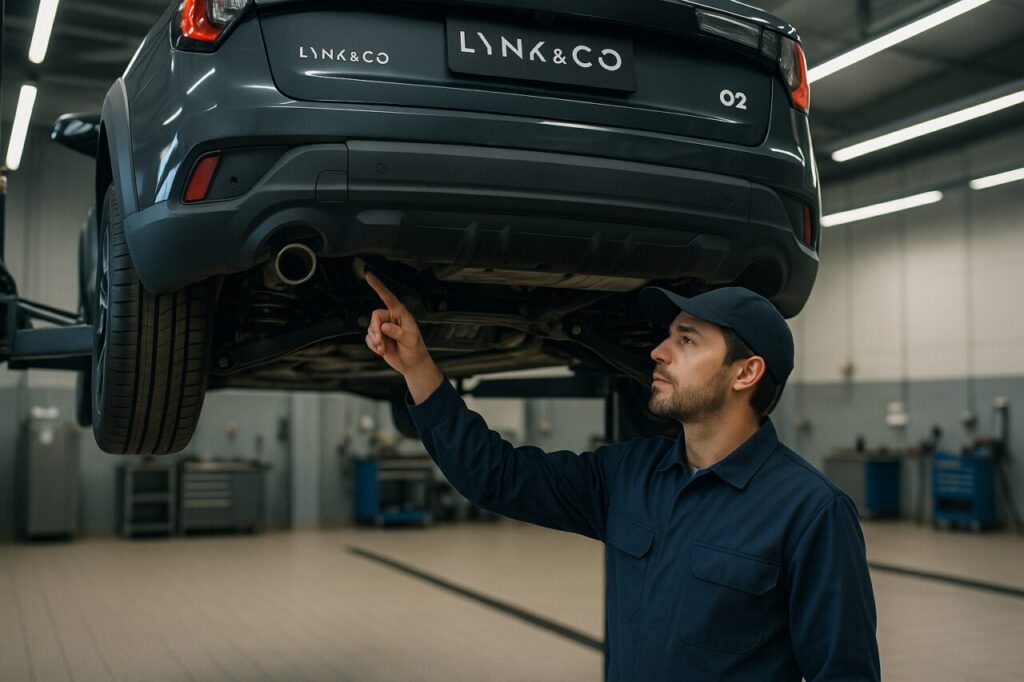 Meccanico italiano ispeziona le sospensioni multilink posteriori di un Lynk & Co 02 in officina autorizzata