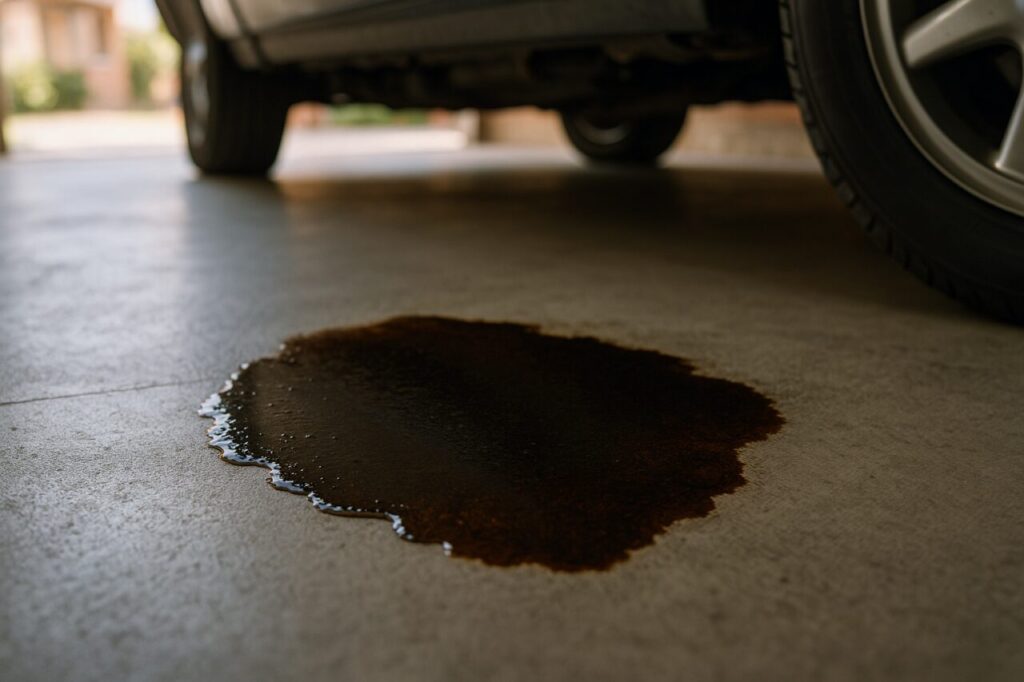 Macchia di olio sul pavimento del garage segnale di perdita su auto usata