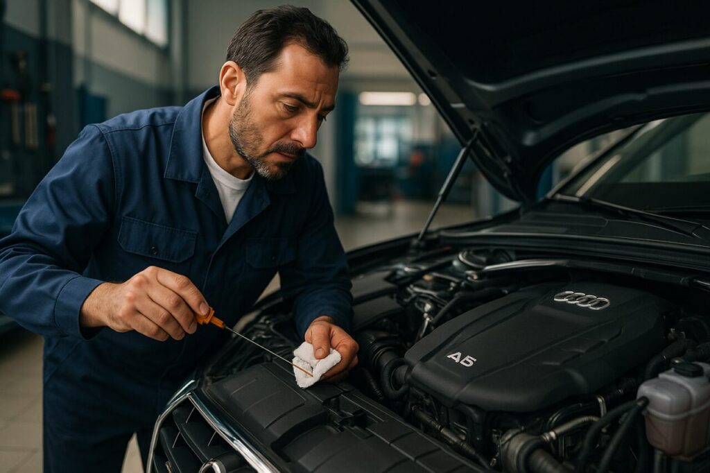 Meccanico italiano controlla la manutenzione di un'Audi A5 Cabrio usata