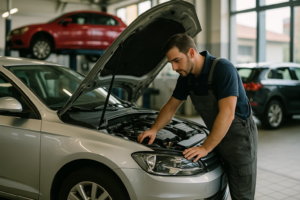 Meccanico che esegue la manutenzione ordinaria di un'auto in noleggio a lungo termine in un'officina italiana