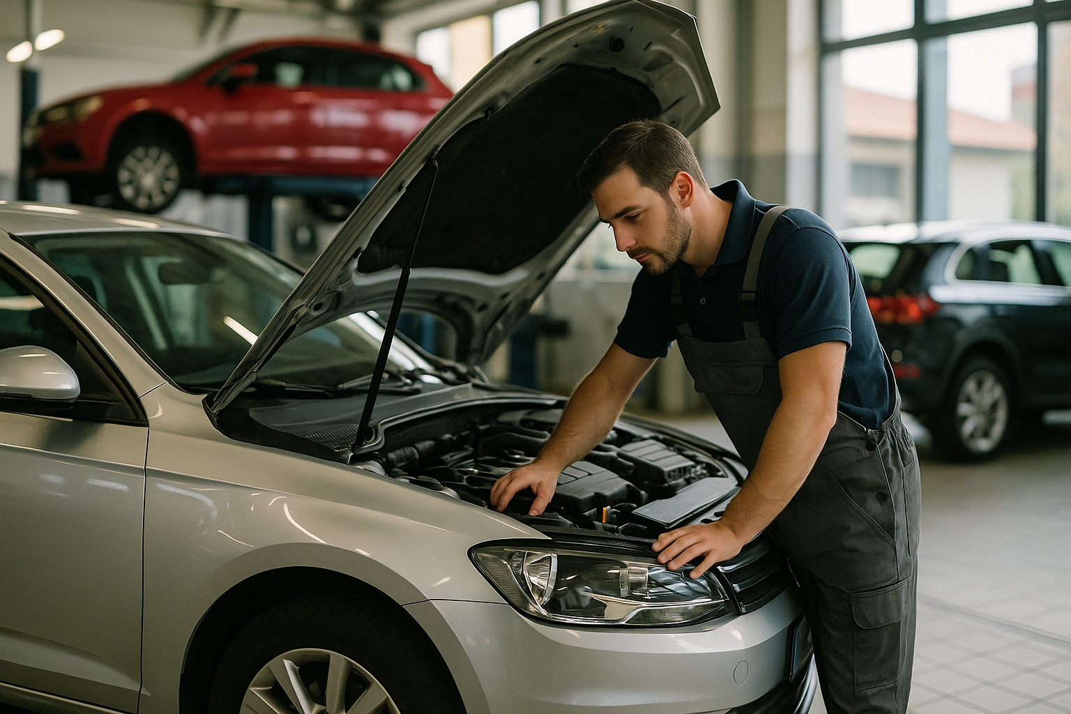 Meccanico che esegue la manutenzione ordinaria di un'auto in noleggio a lungo termine in un'officina italiana