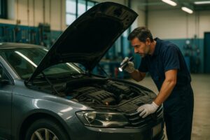 Meccanico controlla il motore di un'auto usata in noleggio a lungo termine in un'officina italiana