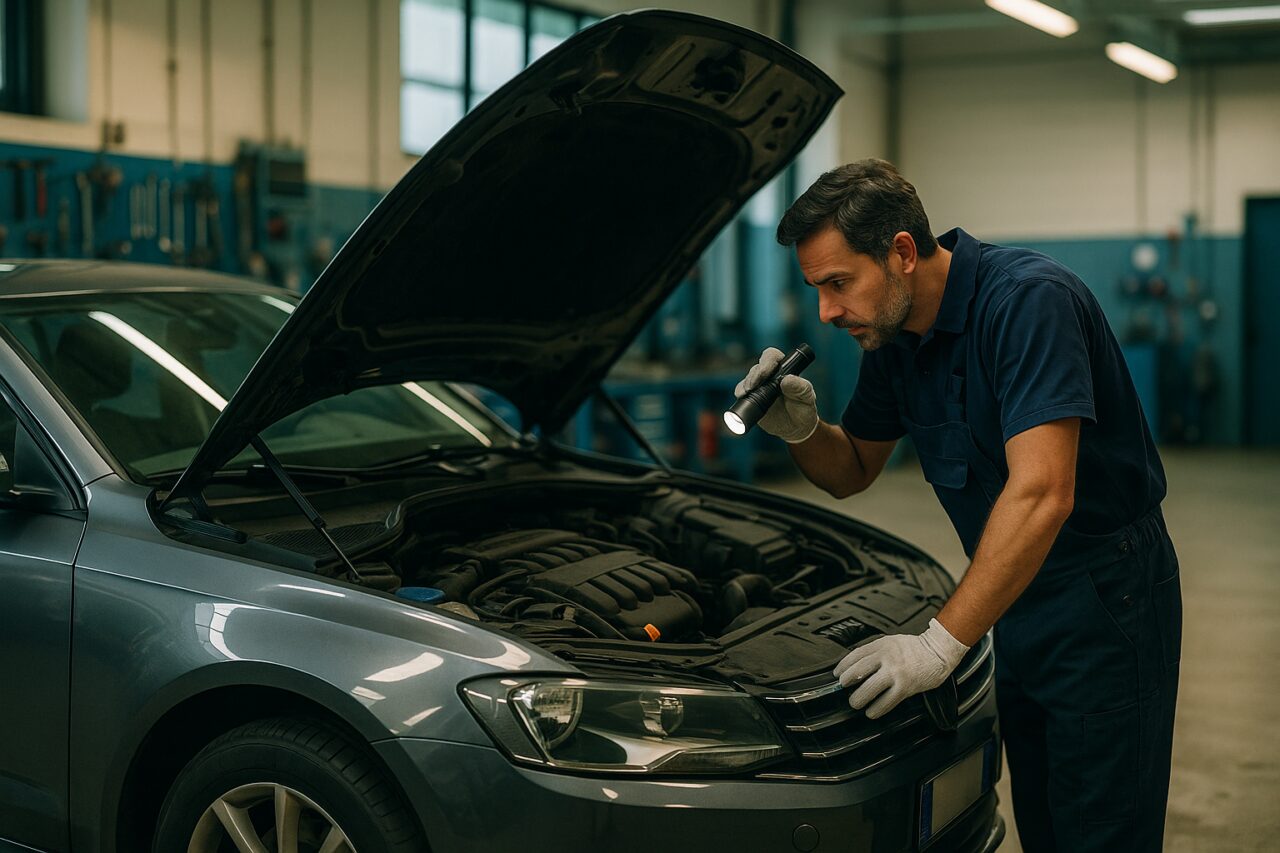 Meccanico controlla il motore di un'auto usata in noleggio a lungo termine in un'officina italiana