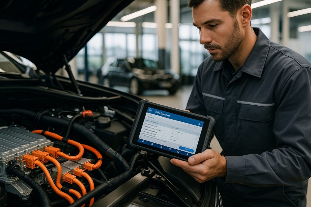 Meccanico specializzato BMW esegue diagnosi batteria su BMW i5 elettrica in officina autorizzata
