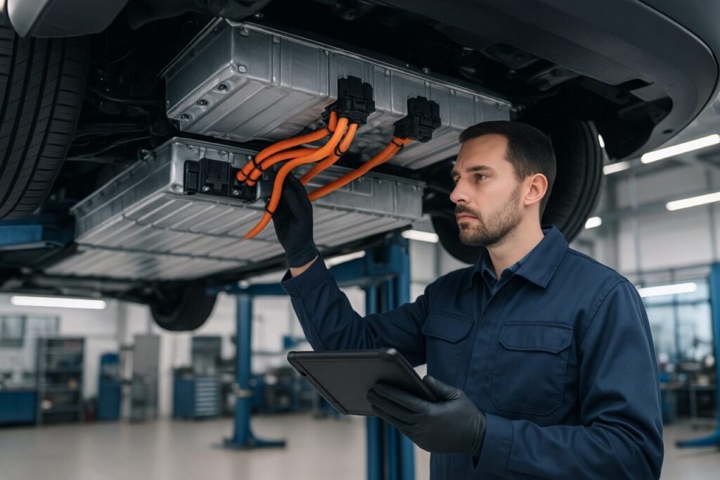 Tecnico Lexus ispeziona pacco batteria UX 300e in officina autorizzata durante manutenzione NLT