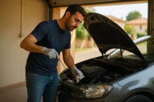 Uomo italiano che esegue la manutenzione fai da te su un'auto usata nel garage di casa