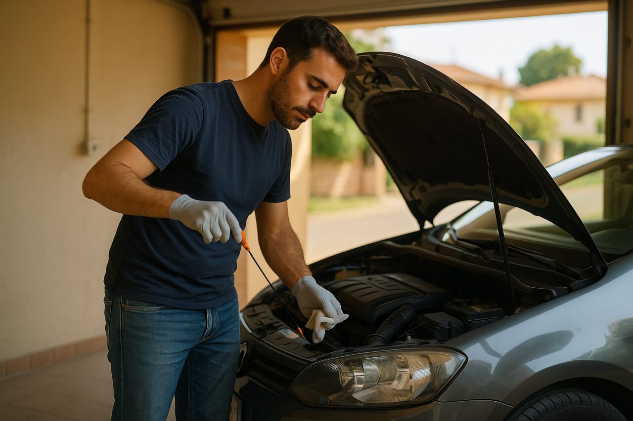 Uomo italiano che esegue la manutenzione fai da te su un'auto usata nel garage di casa