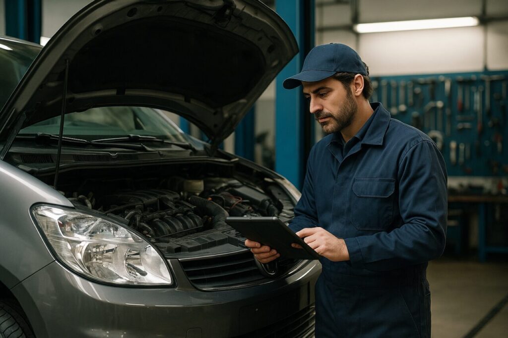 Meccanico italiano controlla il motore diesel di un Hyundai Staria durante la manutenzione programmata