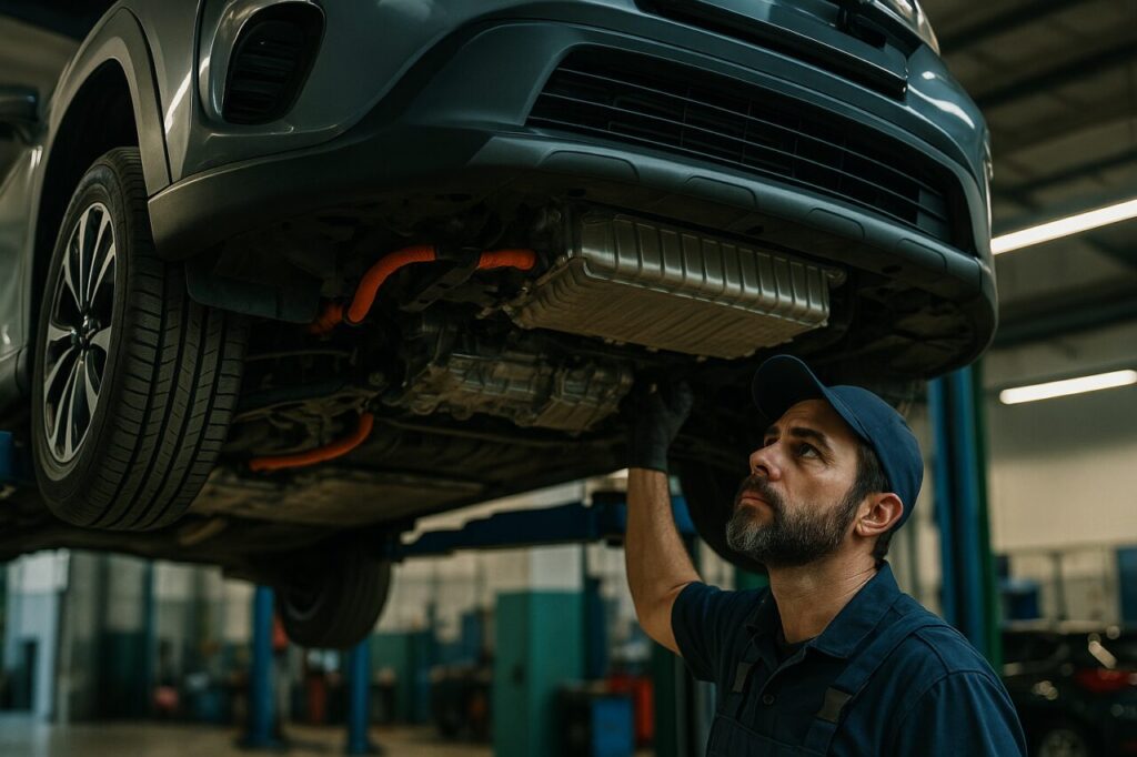 Meccanico controlla il pacco batteria e il cambio DCT di un crossover ibrido plug-in in officina italiana