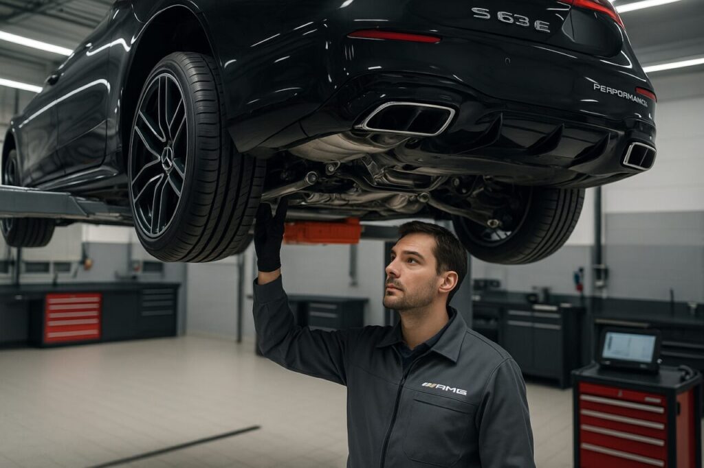 Meccanico autorizzato AMG controlla il pacco batterie ad alto voltaggio e le sospensioni di una Mercedes-AMG S 63 E Performance sollevata su un ponte