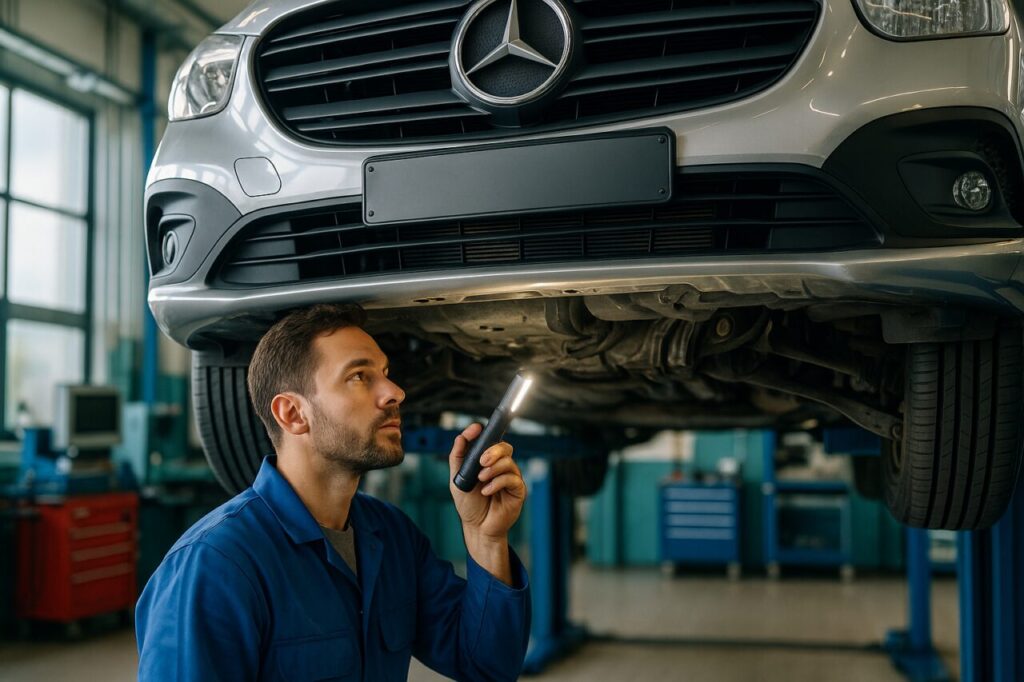 Meccanico che controlla la sospensione anteriore di un Mercedes Citán Tourer usato in officina