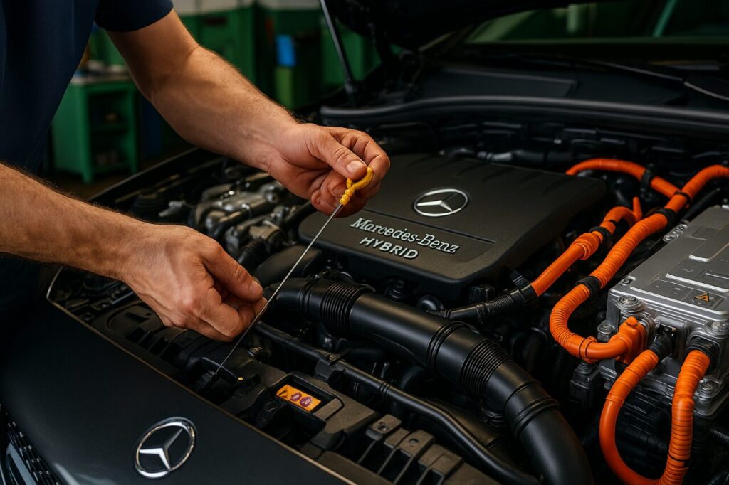 Controllo fluidi e manutenzione Mercedes Classe A PHEV in officina specializzata