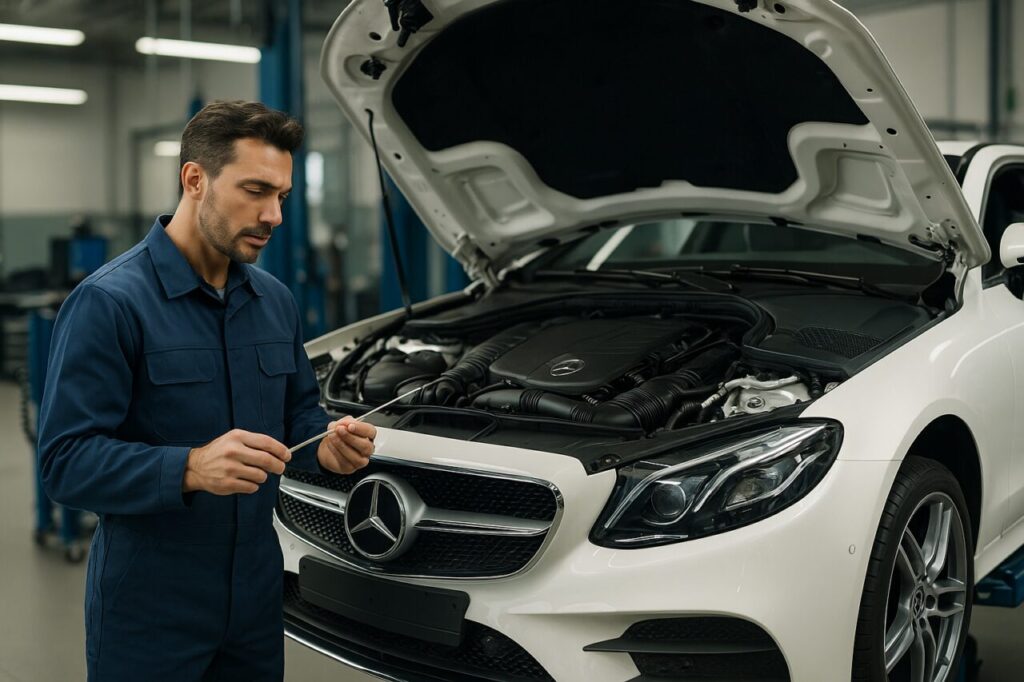 Meccanico controlla l'olio motore di una Mercedes Classe E Coupé in officina durante la manutenzione