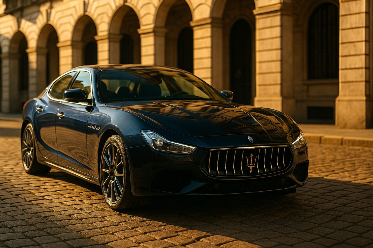 Maserati Ghibli usata in noleggio a lungo termine parcheggiata in una strada di Milano