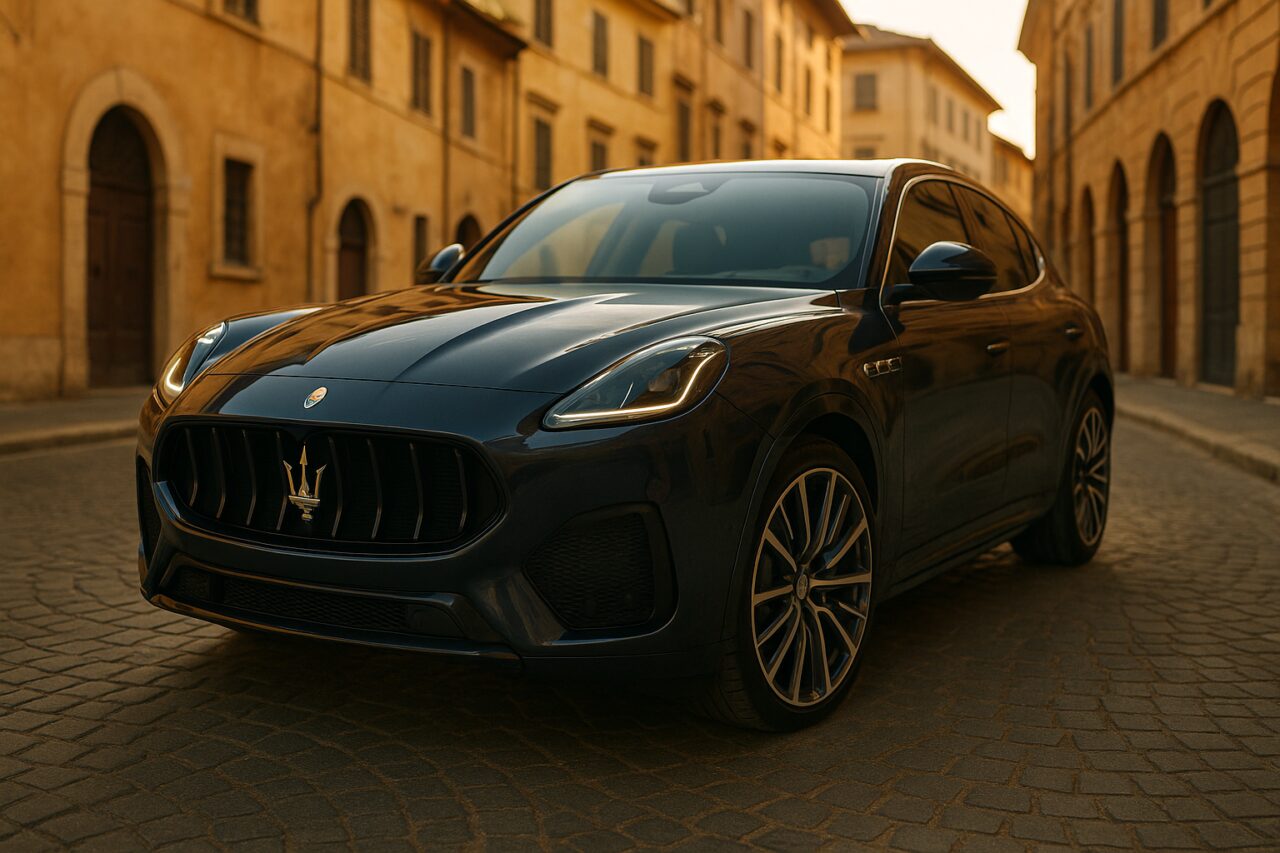 Maserati Grecale SUV usato in noleggio a lungo termine su strada italiana al tramonto