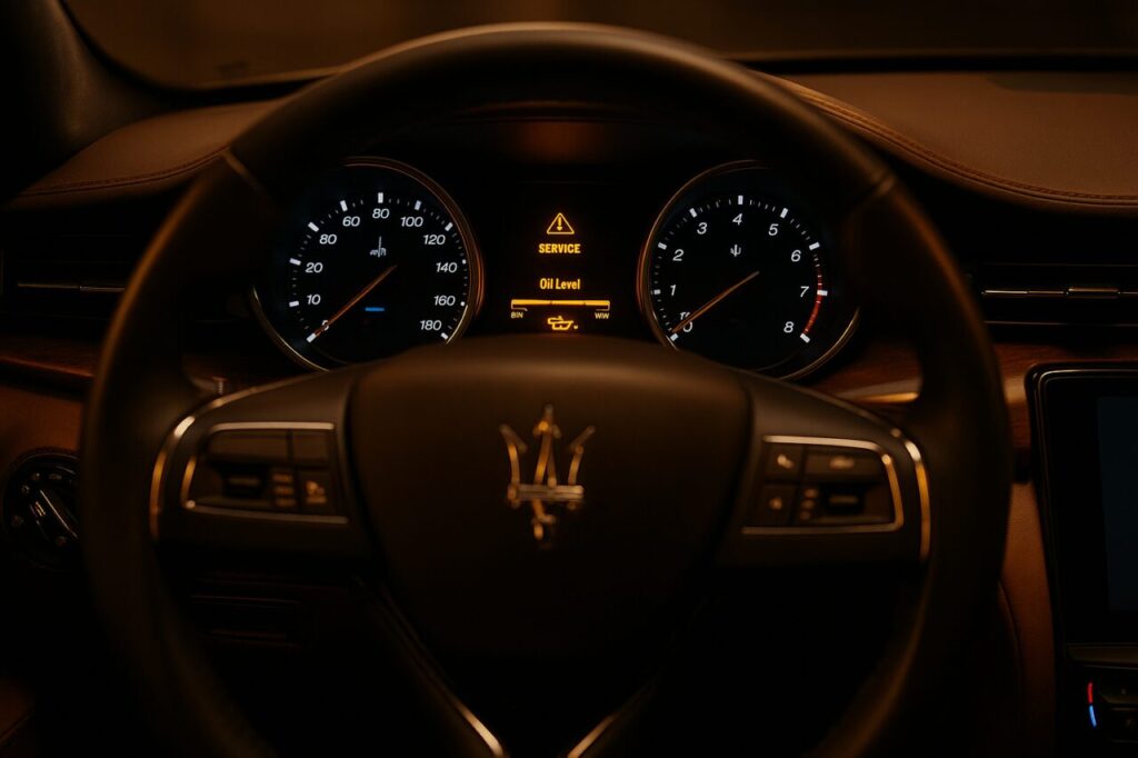 Quadro strumenti Maserati Quattroporte con spia olio e avvisi di manutenzione accesi