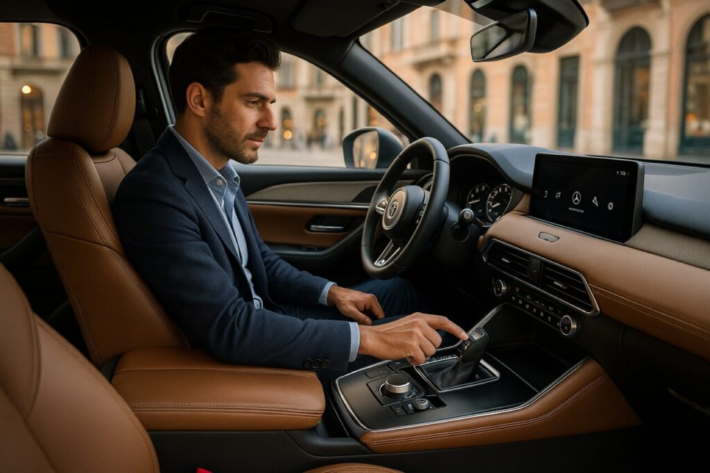 Professionista italiano al volante di un Mazda CX-60 km0 con sistema infotainment Mazda Connect