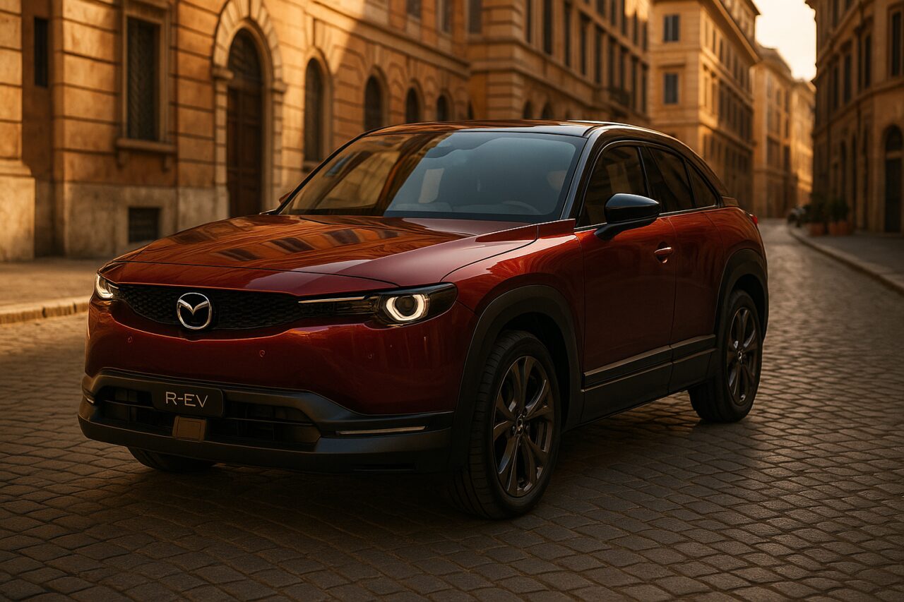 Mazda MX-30 R-EV noleggio a lungo termine usato parcheggiato in una strada di Roma con architettura italiana sullo sfondo