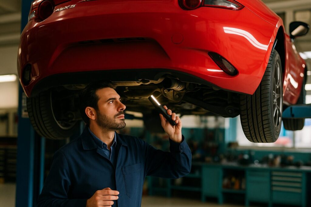 Meccanico italiano ispeziona il telaio e le sospensioni di una Mazda MX-5 usata sul ponte di sollevamento